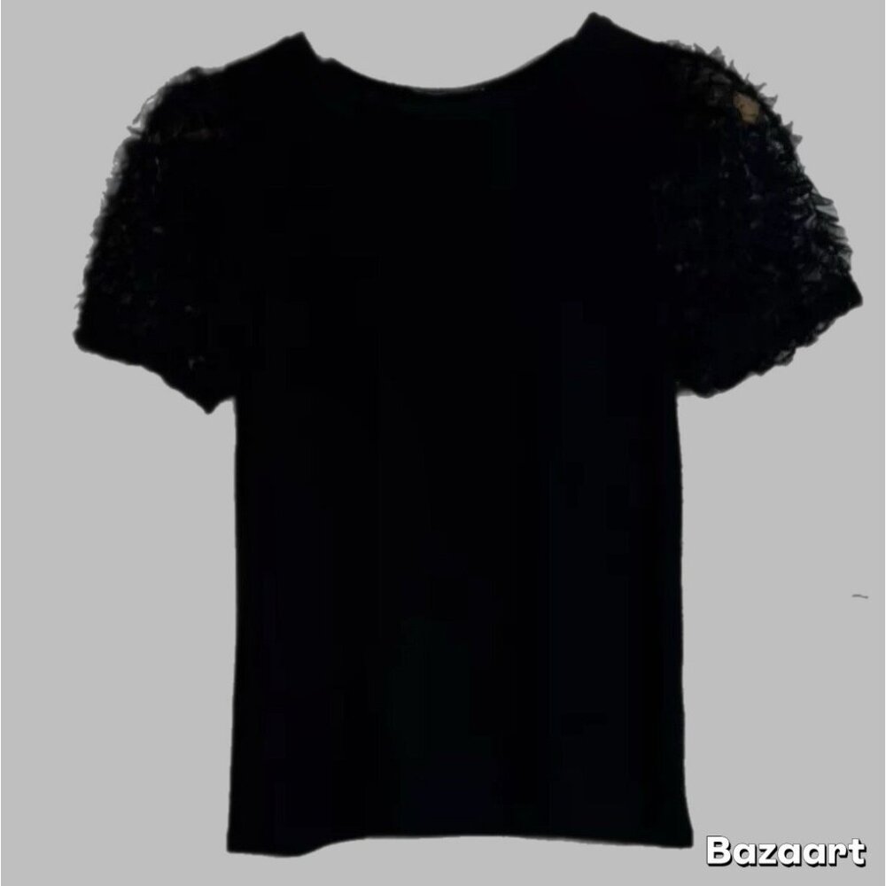 Zara Womens Short Ruffle Tulle Sleeve Pullover Black Puff Sleeve Top SizeS Goth